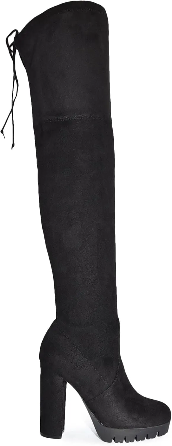 Wild Diva Vivica-10 Women Round Toe Low Heel Knee High Boots Chunky Platform Heel Classics Zipper Bootes