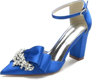 Women Evening Bridal Rhinestone Pointed Toe Satin Pumps Block High Heel Crystal Shoes with Bow