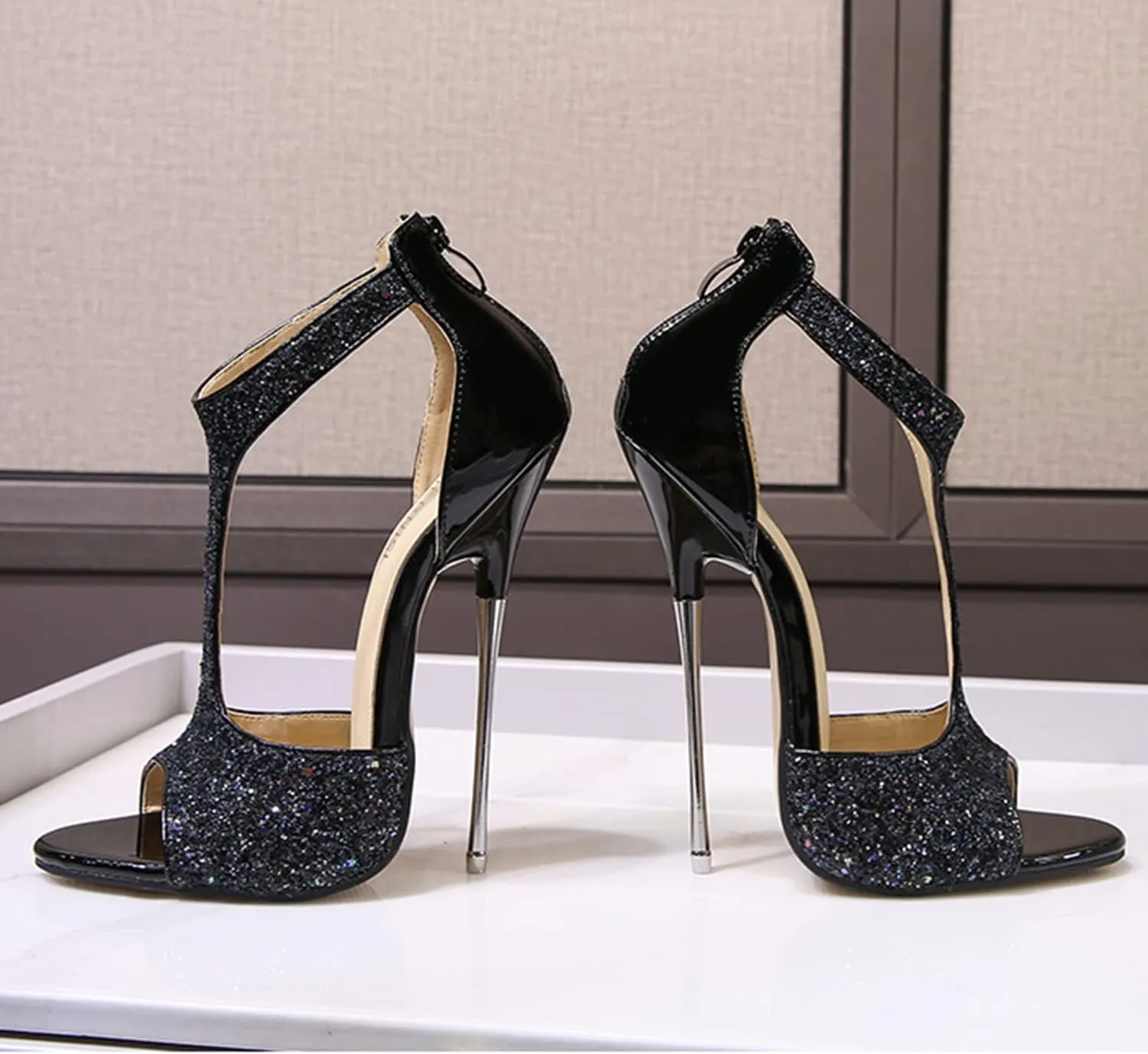 Women's 6.3 Inch High Heels Glitter Crystal Open Toe T-Strap Heels Metal Stiletto Heels Sexy Nightclub Catwalk Dress Party Shoes