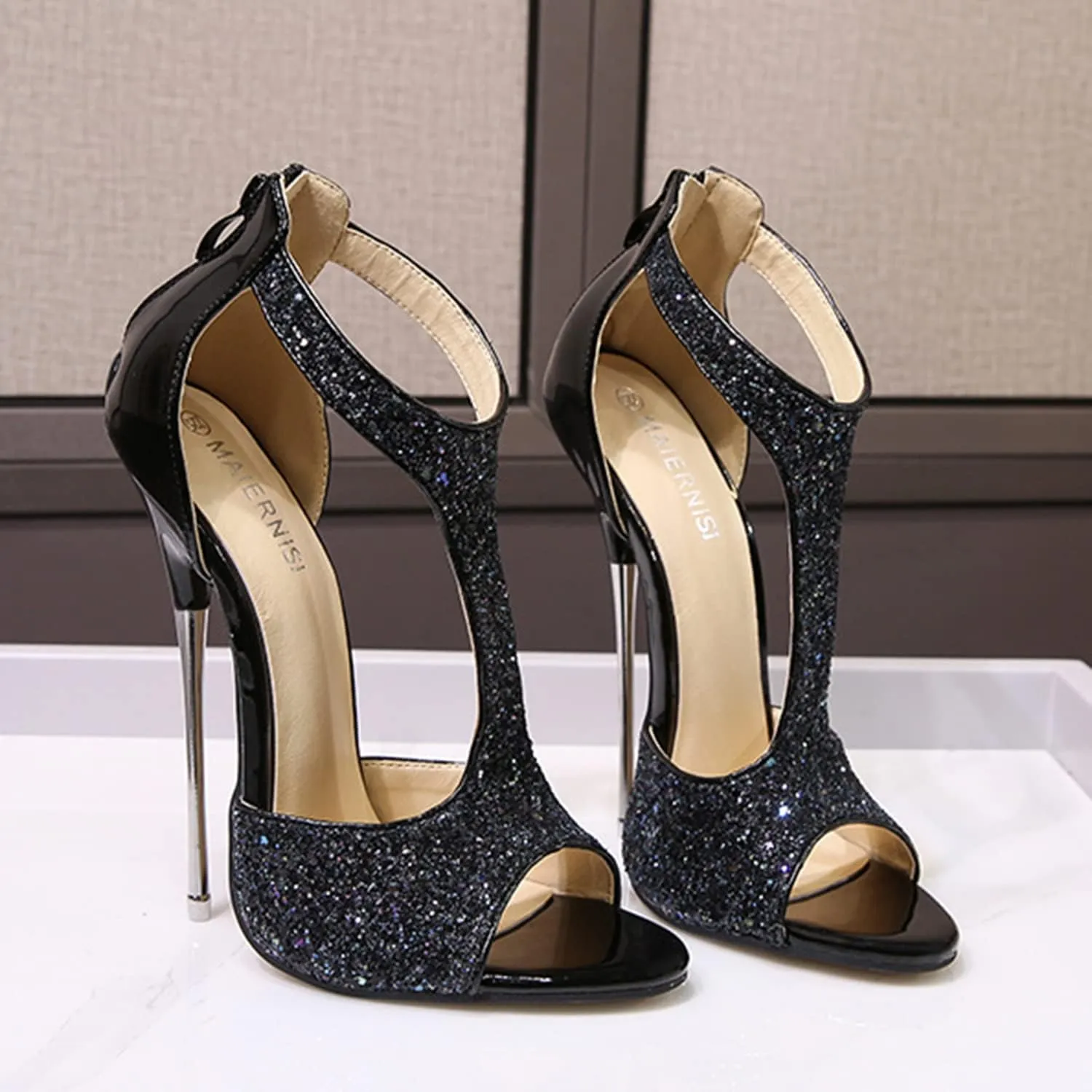 Women's 6.3 Inch High Heels Glitter Crystal Open Toe T-Strap Heels Metal Stiletto Heels Sexy Nightclub Catwalk Dress Party Shoes