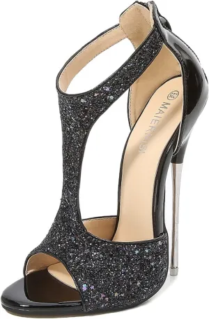 Women's 6.3 Inch High Heels Glitter Crystal Open Toe T-Strap Heels Metal Stiletto Heels Sexy Nightclub Catwalk Dress Party Shoes