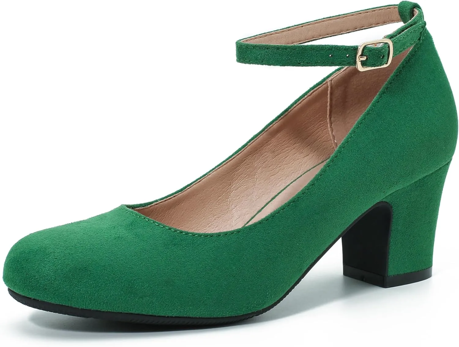 Women's Ankle Strap Low Block Chunky Heels Pumps Closed Round Toe Comfortable Dress Office Work Church Wedding Shoes