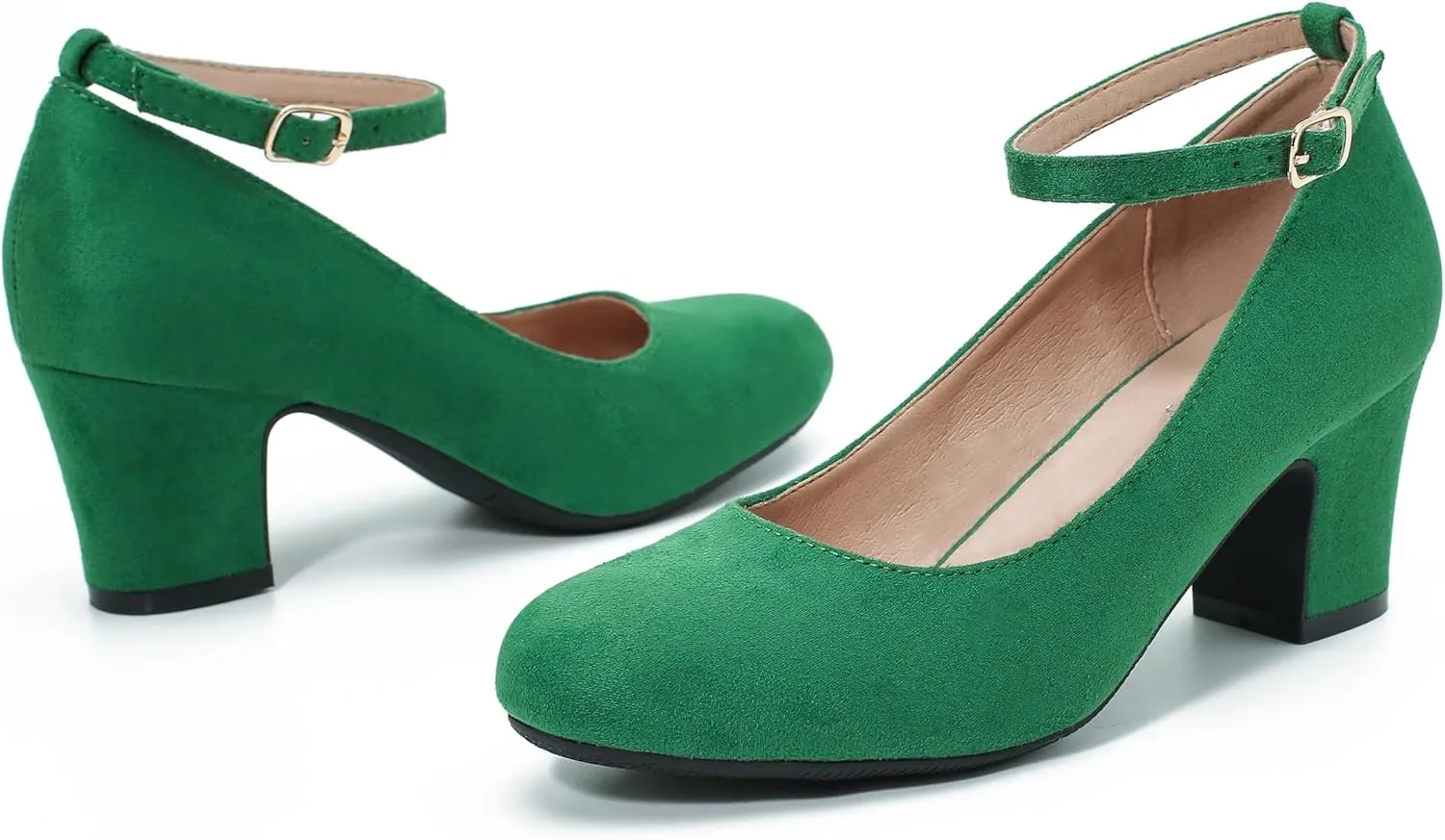Women's Ankle Strap Low Block Chunky Heels Pumps Closed Round Toe Comfortable Dress Office Work Church Wedding Shoes