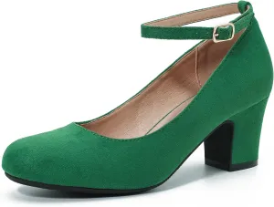 Women's Ankle Strap Low Block Chunky Heels Pumps Closed Round Toe Comfortable Dress Office Work Church Wedding Shoes