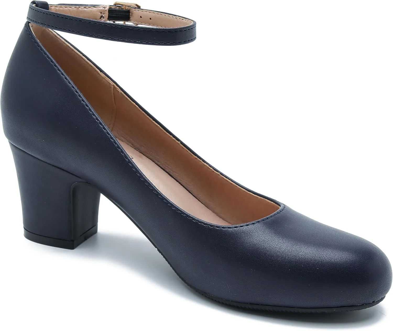 Women's Ankle Strap Low Block Chunky Heels Pumps Closed Round Toe Comfortable Dress Office Work Church Wedding Shoes