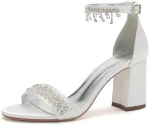 Women's Beaded Crystal Wedding Sandals for Bride Block Heels Satin Bridal Shoes Formal Evening Prom Party Shoes