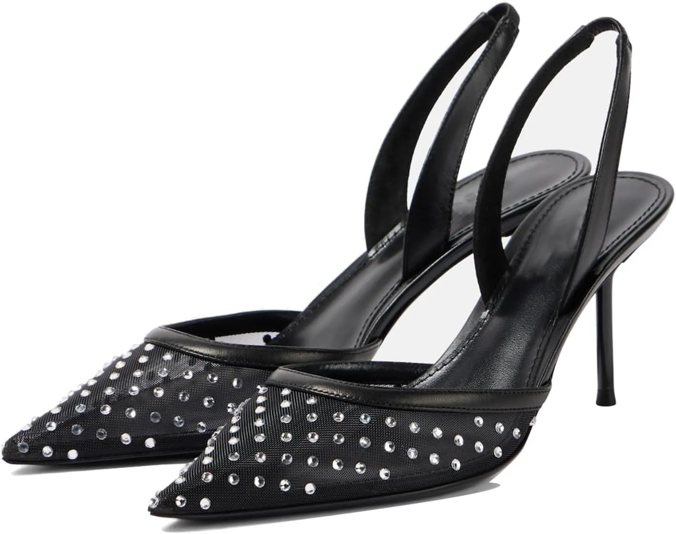 Women's Black Mesh Slingback Heels with Rhinestone Crystal Closed Pointed Toe Backstrap Stiletto Pumps Bridal Wedding Party Dress Shoes Ladies