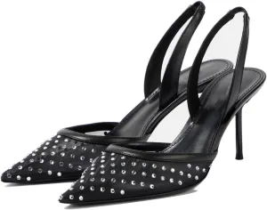 Women's Black Mesh Slingback Heels with Rhinestone Crystal Closed Pointed Toe Backstrap Stiletto Pumps Bridal Wedding Party Dress Shoes Ladies
