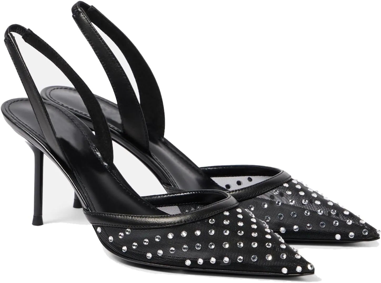 Women's Black Mesh Slingback Heels with Rhinestone Crystal Closed Pointed Toe Backstrap Stiletto Pumps Bridal Wedding Party Dress Shoes Ladies