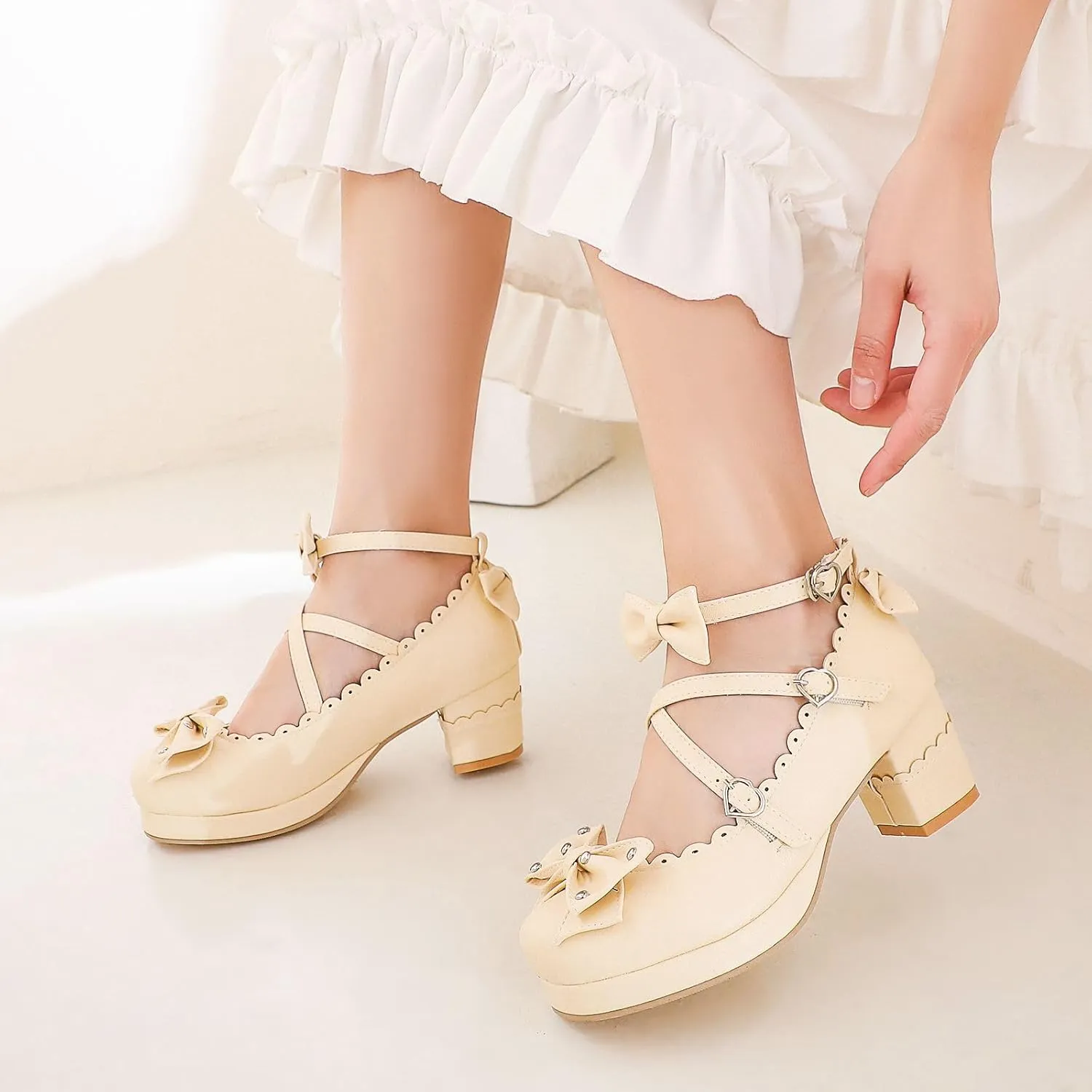 Women's Bow Cute Mary Janes Lolita Shoes, Ankle Strap Block Chunky Kawaii Heels, Closed Toe Cosplay Dress Platform Pumps