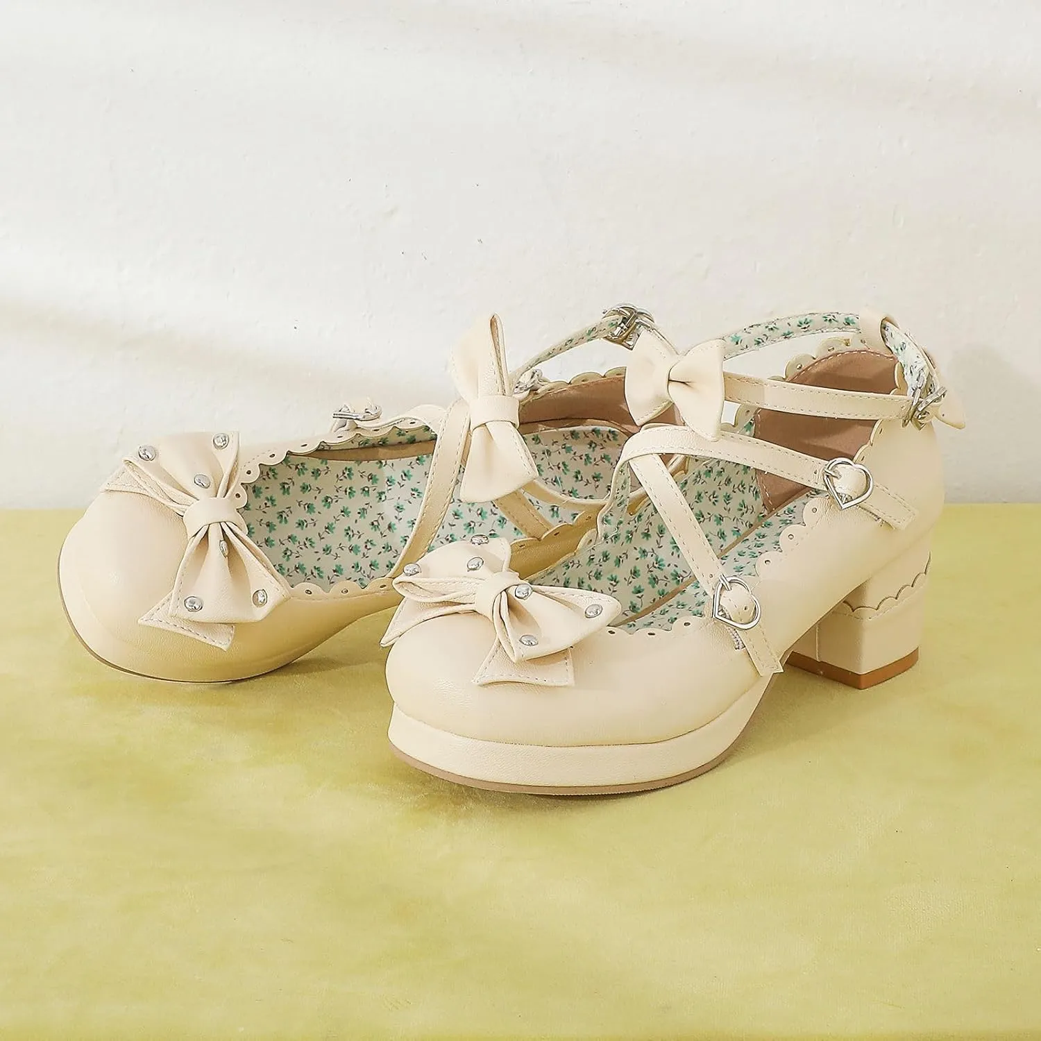 Women's Bow Cute Mary Janes Lolita Shoes, Ankle Strap Block Chunky Kawaii Heels, Closed Toe Cosplay Dress Platform Pumps