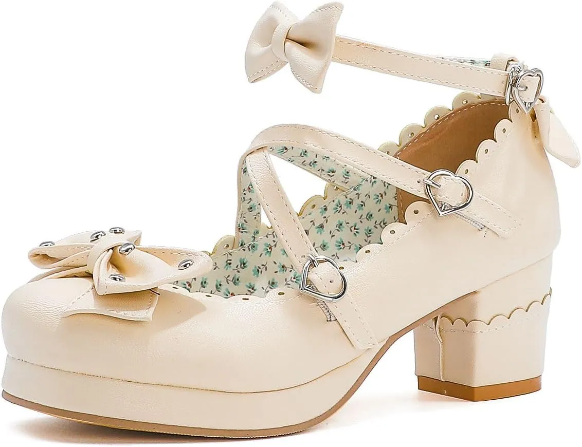 Women's Bow Cute Mary Janes Lolita Shoes, Ankle Strap Block Chunky Kawaii Heels, Closed Toe Cosplay Dress Platform Pumps