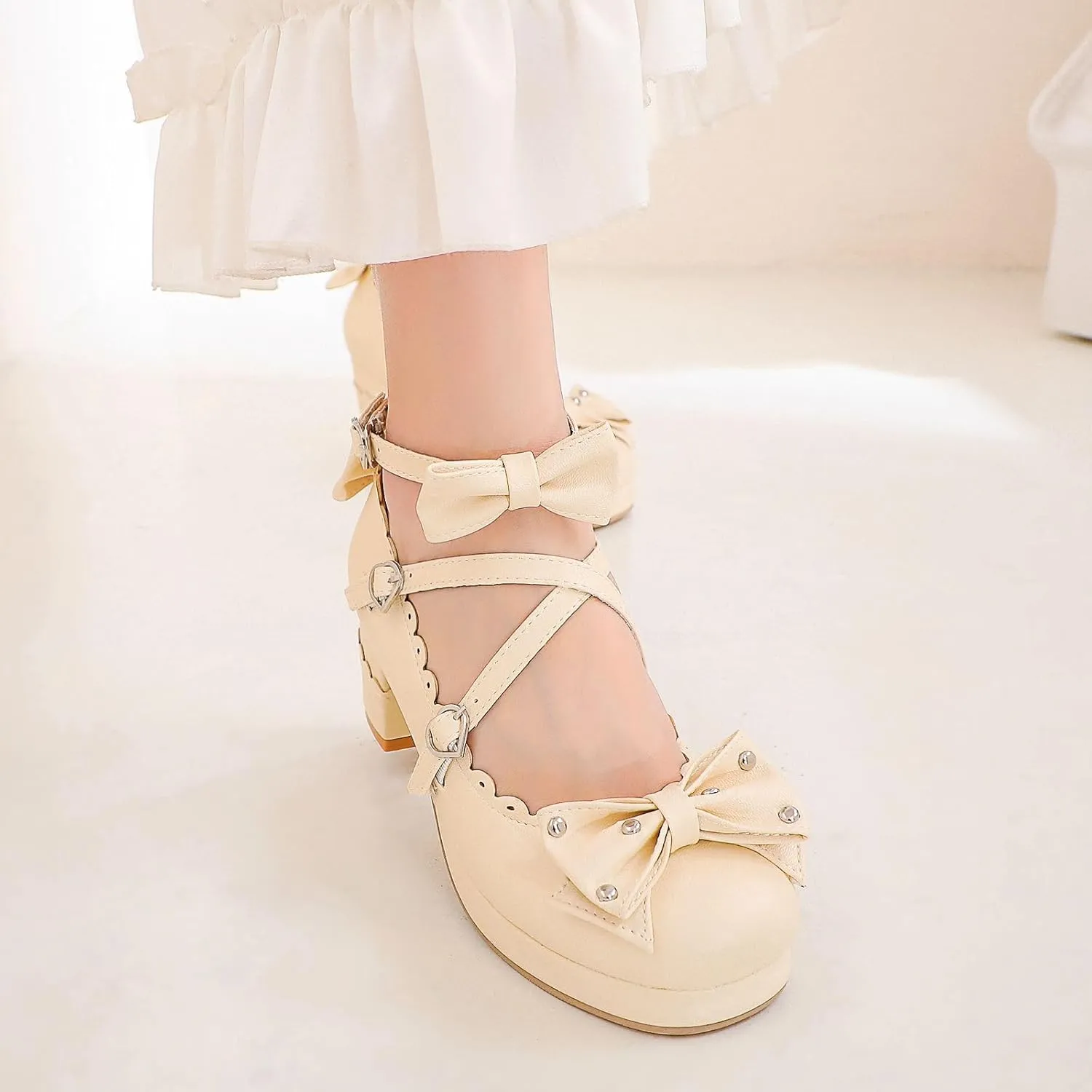 Women's Bow Cute Mary Janes Lolita Shoes, Ankle Strap Block Chunky Kawaii Heels, Closed Toe Cosplay Dress Platform Pumps