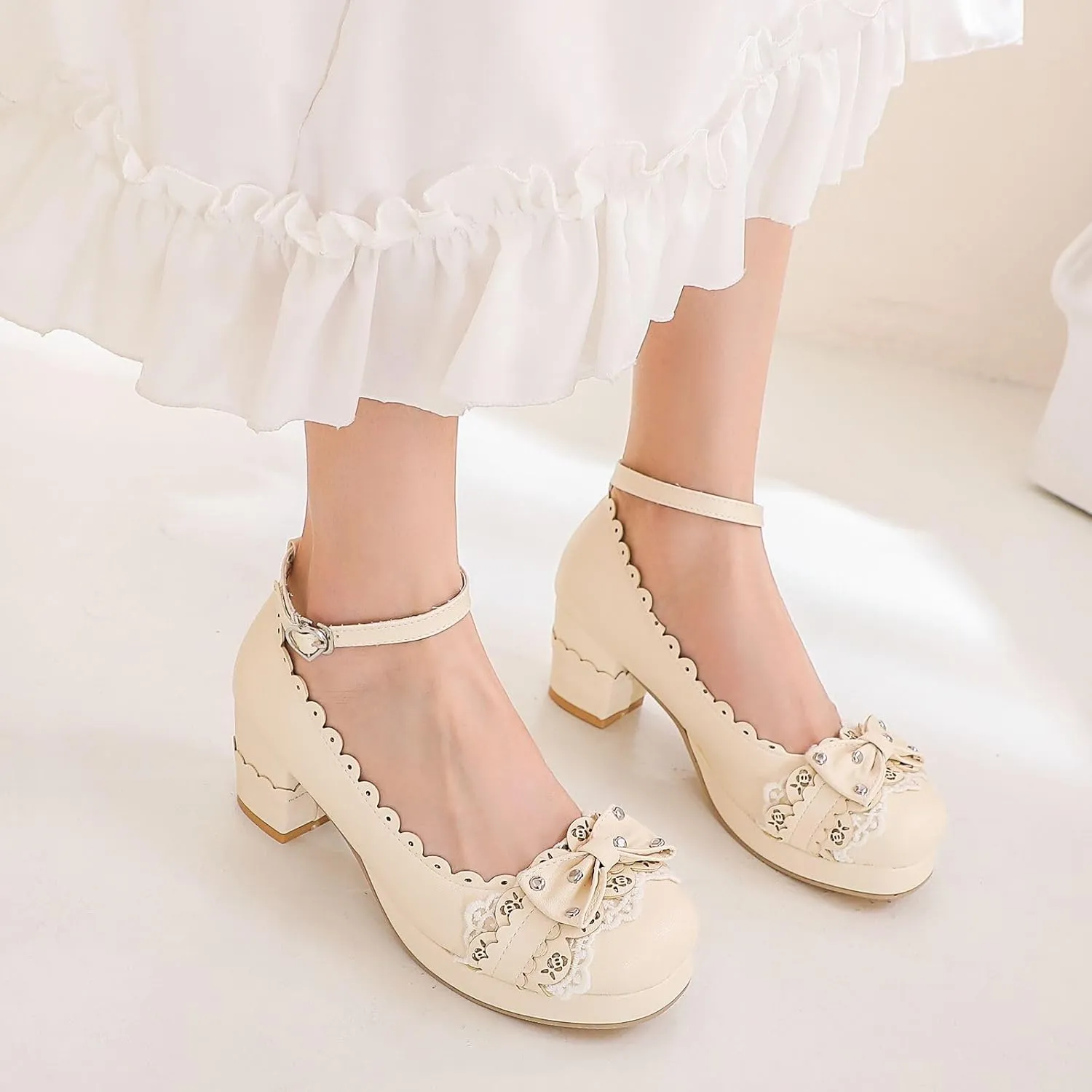 Women's Bow Cute Mary Janes Lolita Shoes, Ankle Strap Block Chunky Kawaii Heels, Closed Toe Cosplay Dress Platform Pumps