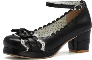 Women's Bow Cute Mary Janes Lolita Shoes, Ankle Strap Block Chunky Kawaii Heels, Closed Toe Cosplay Dress Platform Pumps