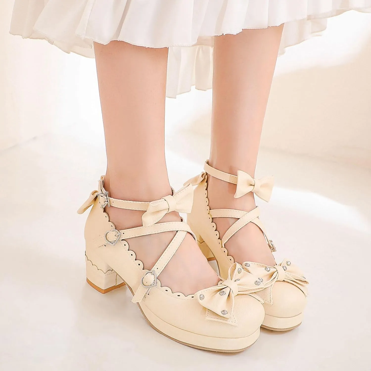 Women's Bow Cute Mary Janes Lolita Shoes, Ankle Strap Block Chunky Kawaii Heels, Closed Toe Cosplay Dress Platform Pumps