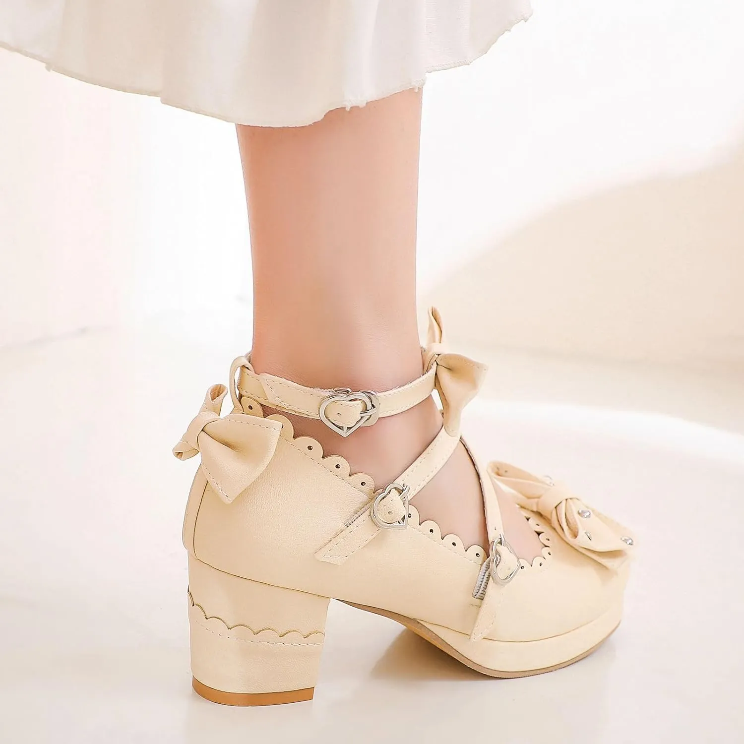 Women's Bow Cute Mary Janes Lolita Shoes, Ankle Strap Block Chunky Kawaii Heels, Closed Toe Cosplay Dress Platform Pumps
