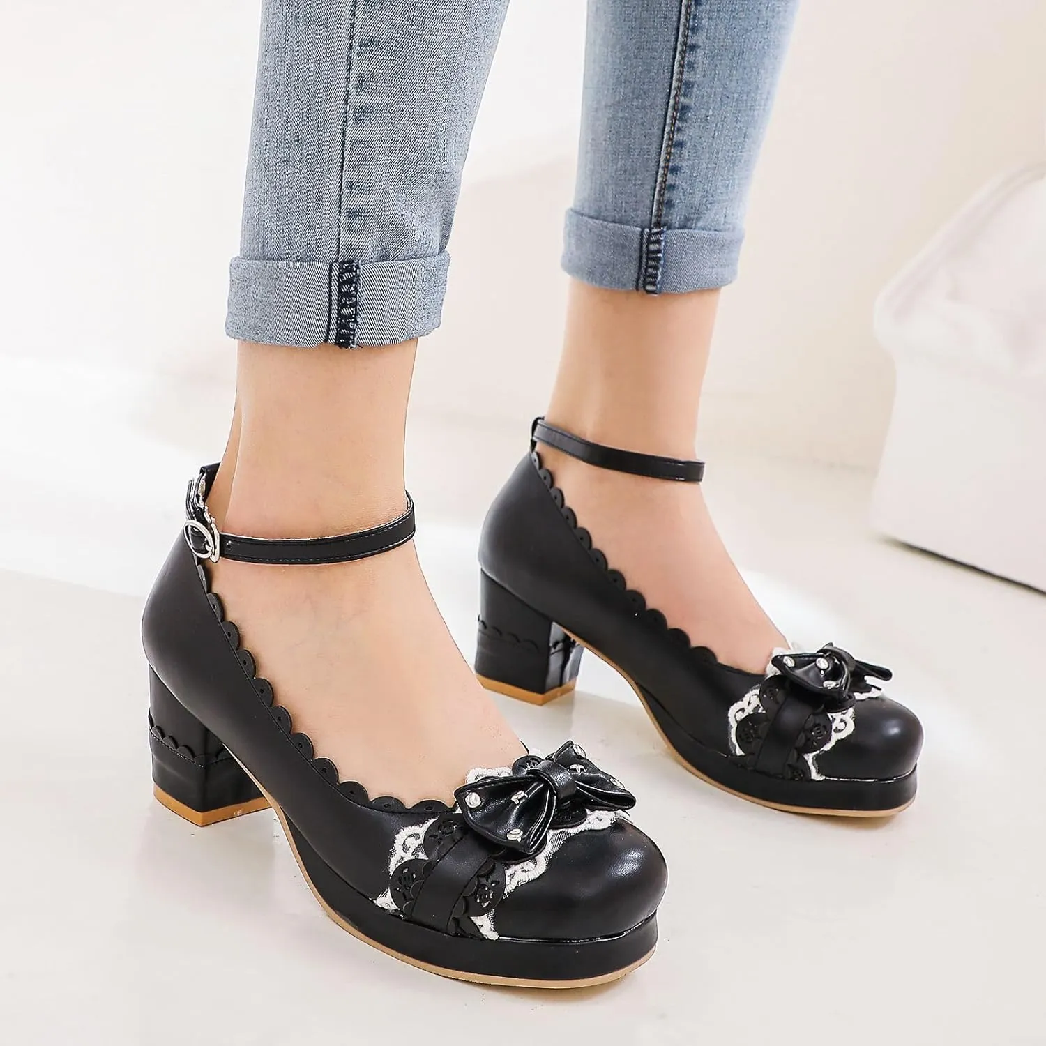 Women's Bow Cute Mary Janes Lolita Shoes, Ankle Strap Block Chunky Kawaii Heels, Closed Toe Cosplay Dress Platform Pumps