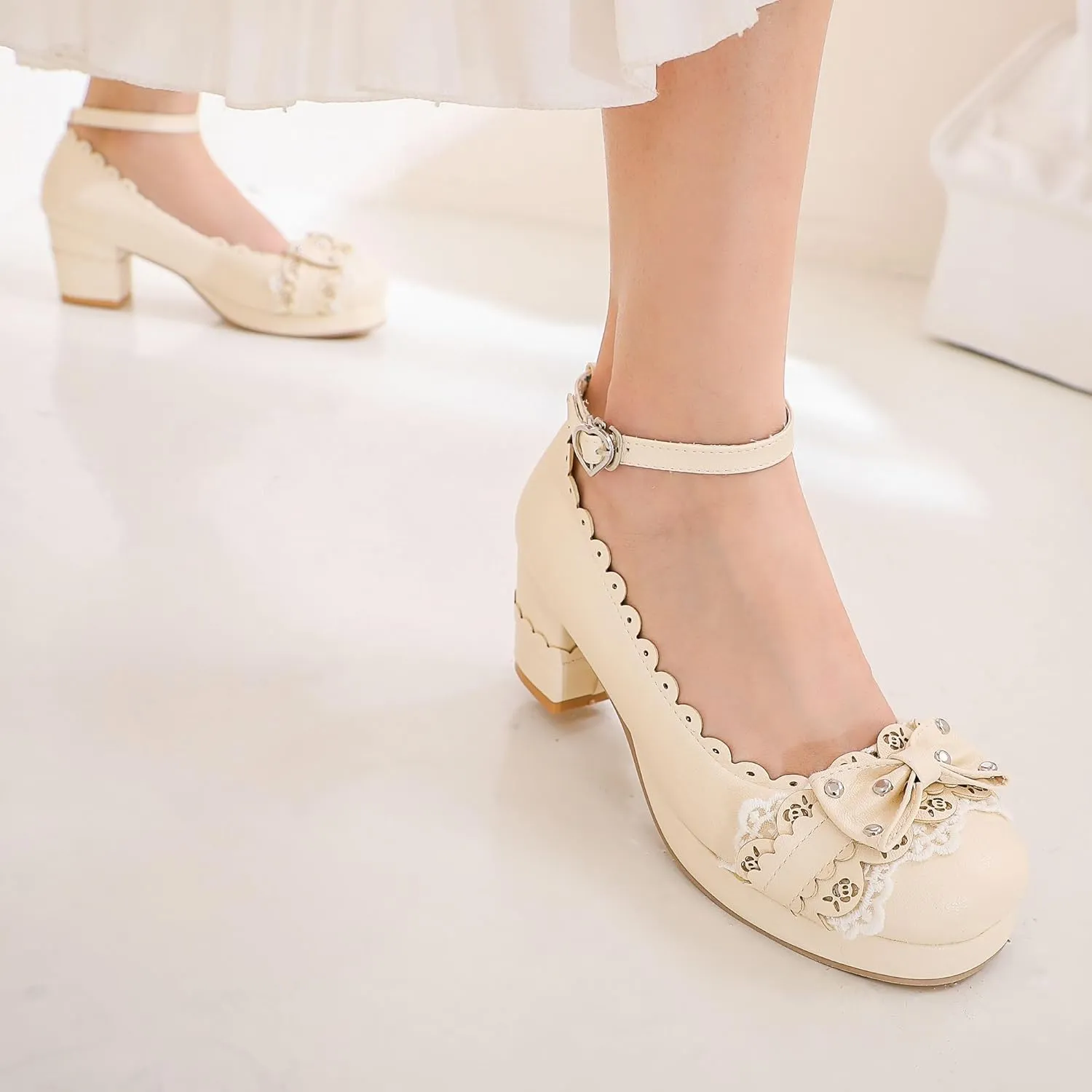 Women's Bow Cute Mary Janes Lolita Shoes, Ankle Strap Block Chunky Kawaii Heels, Closed Toe Cosplay Dress Platform Pumps