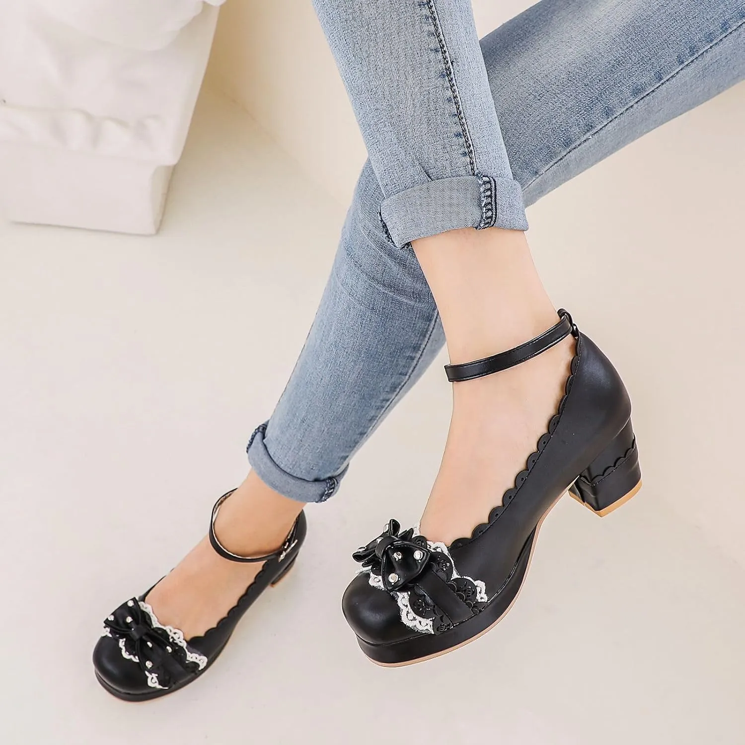 Women's Bow Cute Mary Janes Lolita Shoes, Ankle Strap Block Chunky Kawaii Heels, Closed Toe Cosplay Dress Platform Pumps