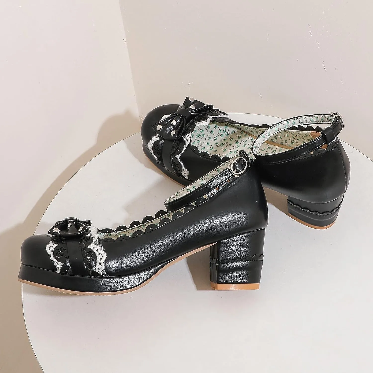 Women's Bow Cute Mary Janes Lolita Shoes, Ankle Strap Block Chunky Kawaii Heels, Closed Toe Cosplay Dress Platform Pumps