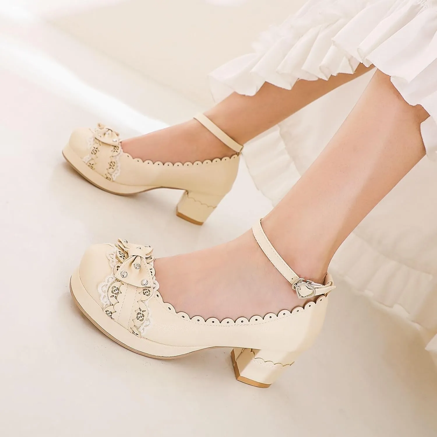 Women's Bow Cute Mary Janes Lolita Shoes, Ankle Strap Block Chunky Kawaii Heels, Closed Toe Cosplay Dress Platform Pumps