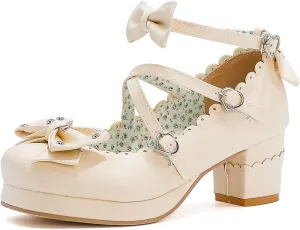 Women's Bow Cute Mary Janes Lolita Shoes, Ankle Strap Block Chunky Kawaii Heels, Closed Toe Cosplay Dress Platform Pumps