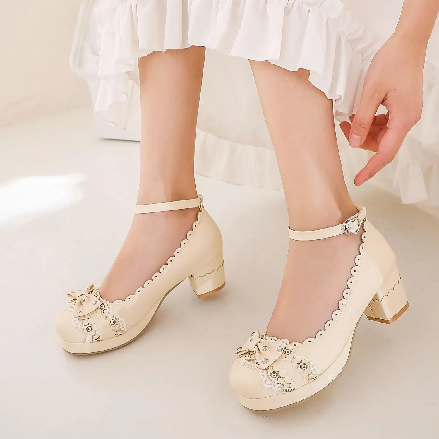 Women's Bow Cute Mary Janes Lolita Shoes, Ankle Strap Block Chunky Kawaii Heels, Closed Toe Cosplay Dress Platform Pumps