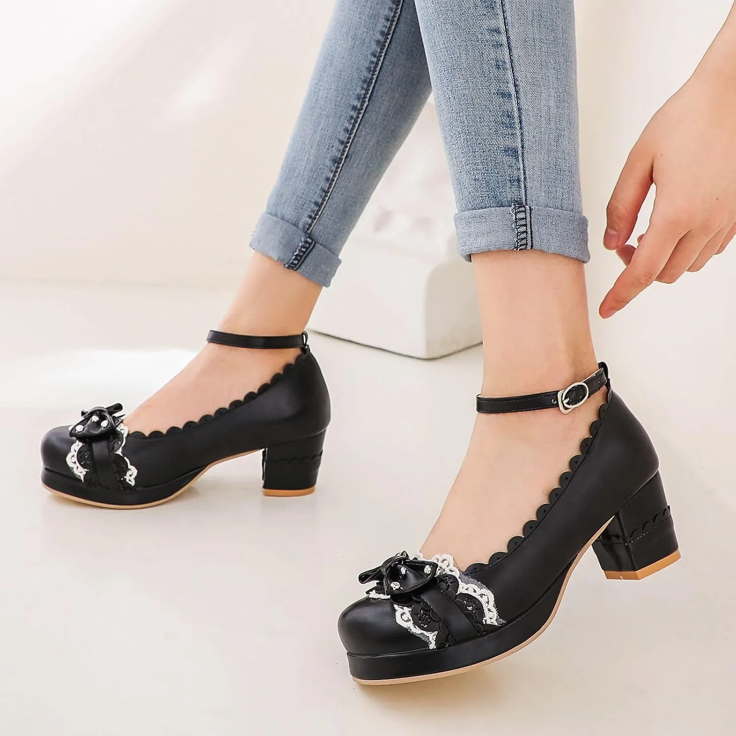 Women's Bow Cute Mary Janes Lolita Shoes, Ankle Strap Block Chunky Kawaii Heels, Closed Toe Cosplay Dress Platform Pumps