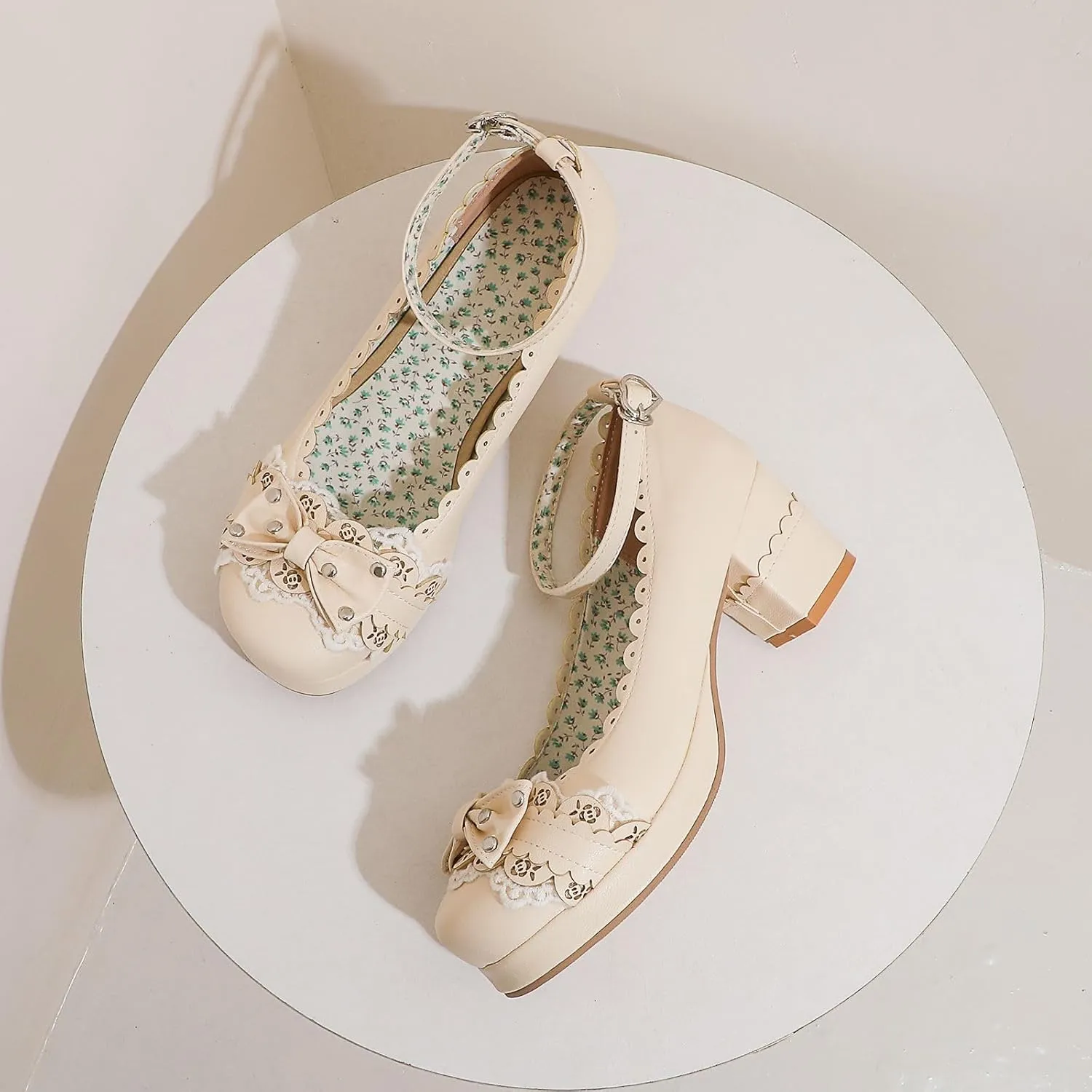 Women's Bow Cute Mary Janes Lolita Shoes, Ankle Strap Block Chunky Kawaii Heels, Closed Toe Cosplay Dress Platform Pumps