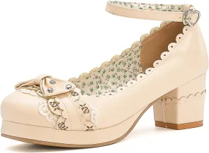 Women's Bow Cute Mary Janes Lolita Shoes, Ankle Strap Block Chunky Kawaii Heels, Closed Toe Cosplay Dress Platform Pumps
