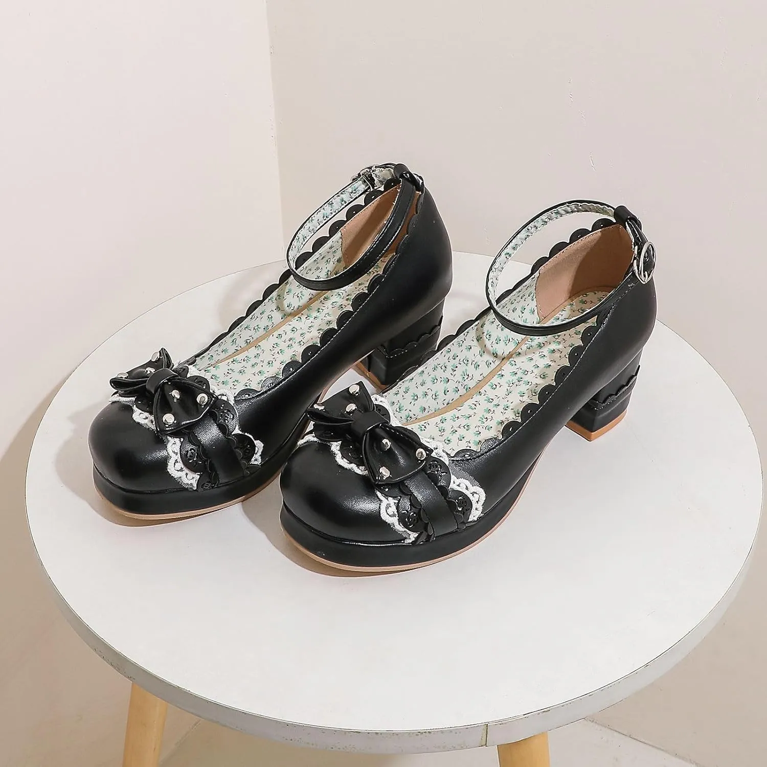 Women's Bow Cute Mary Janes Lolita Shoes, Ankle Strap Block Chunky Kawaii Heels, Closed Toe Cosplay Dress Platform Pumps