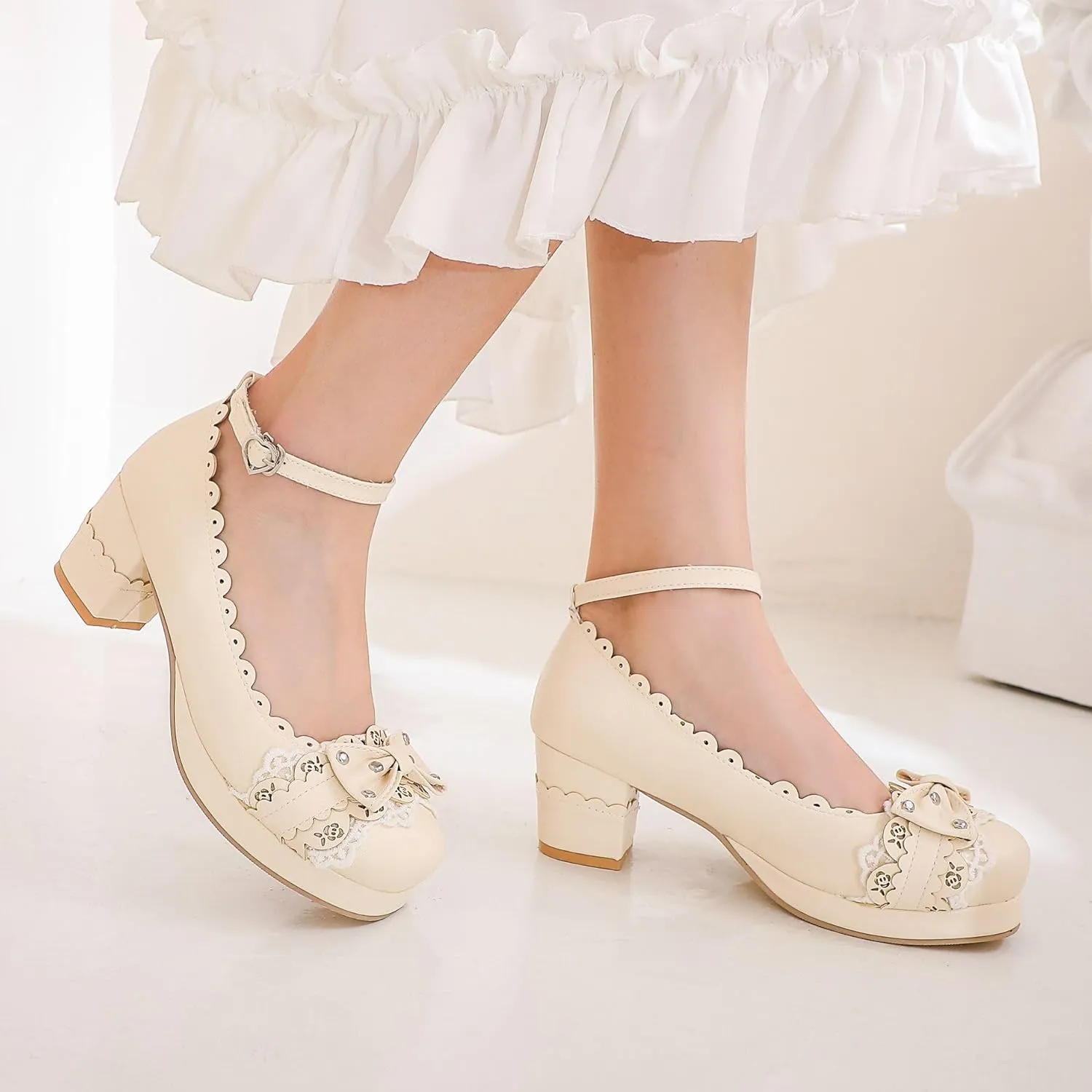 Women's Bow Cute Mary Janes Lolita Shoes, Ankle Strap Block Chunky Kawaii Heels, Closed Toe Cosplay Dress Platform Pumps