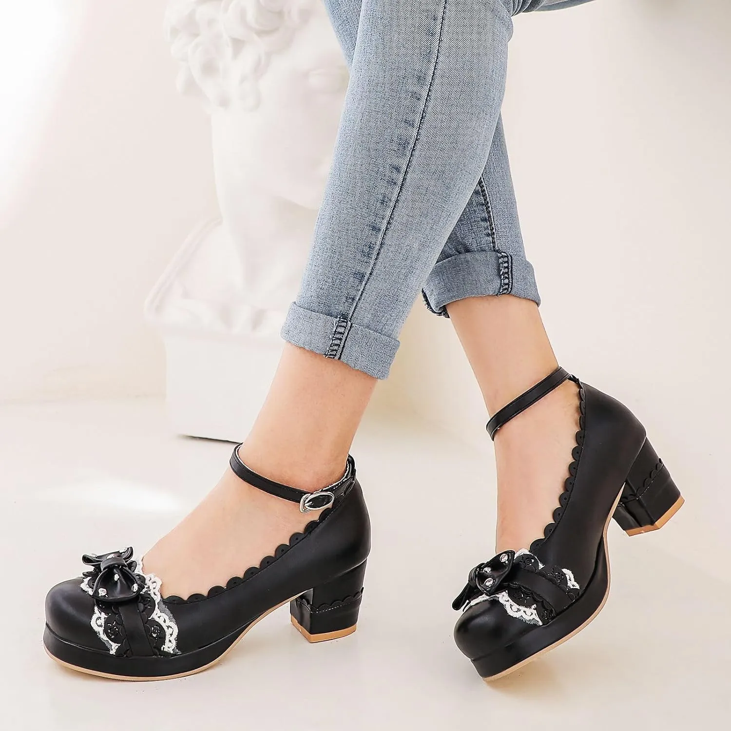 Women's Bow Cute Mary Janes Lolita Shoes, Ankle Strap Block Chunky Kawaii Heels, Closed Toe Cosplay Dress Platform Pumps