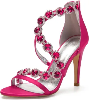 Women's Bridal Wedding Sandals High Heels Crystal Satin Ankle Strap Rhinestones Zipper Back Formal Evening Prom Party Dress Shoes Pumps