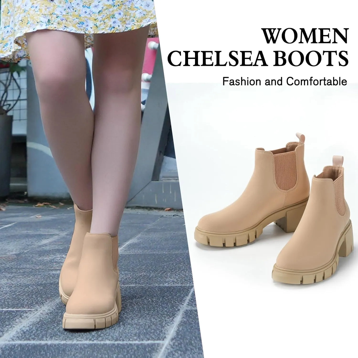 Women's Chelsea Boots Platform Ankle Boots Elastic Fashion Lug Sole Chunky Heel Booties