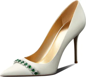 Womens Classic Pointed Toe Stiletto High Heel Pumps with Rhinestone Buckle,3.54In Party Wedding Dress Shoes