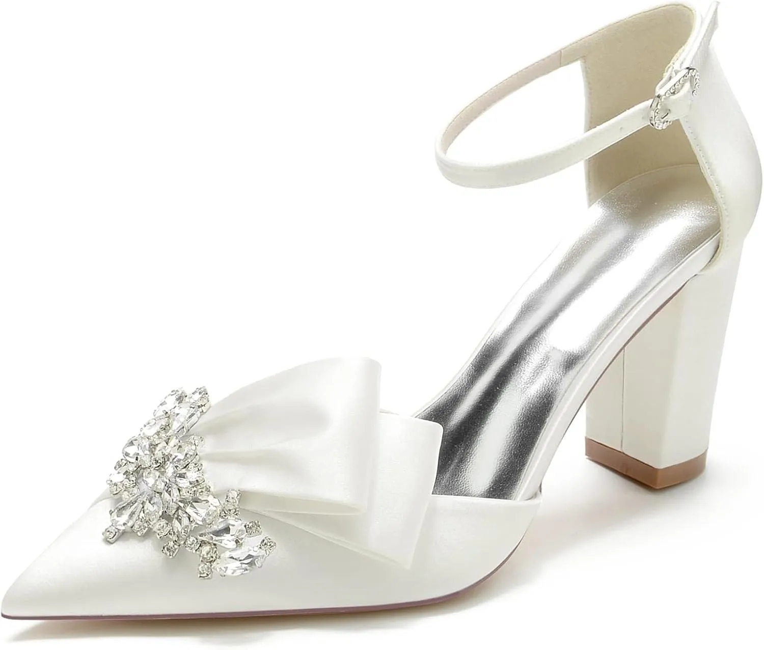 Women's Closed Pointed Toe Ankle Strap Pumps Crystal Rhinestone Satin Wedding Bridal Shoes Party Stilettos Heeled Sandals