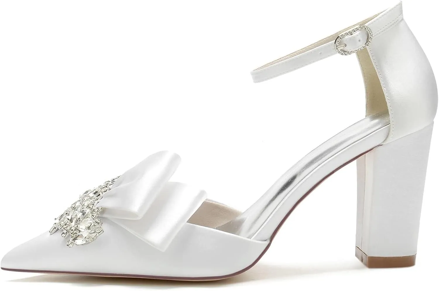 Women's Closed Pointed Toe Ankle Strap Pumps Crystal Rhinestone Satin Wedding Bridal Shoes Party Stilettos Heeled Sandals