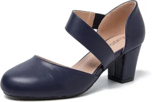 Women's Closed Round Toe Low Block Heels Pumps Crossed Strap D'Orsay Dress Wedding Bridal Party Office Shoes