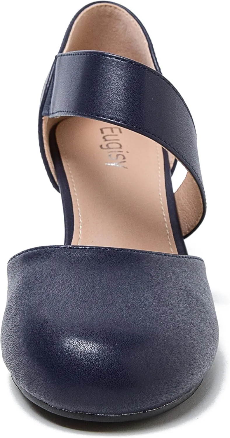 Women's Closed Round Toe Low Block Heels Pumps Crossed Strap D'Orsay Dress Wedding Bridal Party Office Shoes