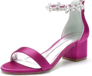 Women's Crystal Block Heels Satin Wedding Shoes for Bride Low Heels Comfortable Bridal Shoes White Heels Chunky Formal Evening Party Prom Sandals Pumps