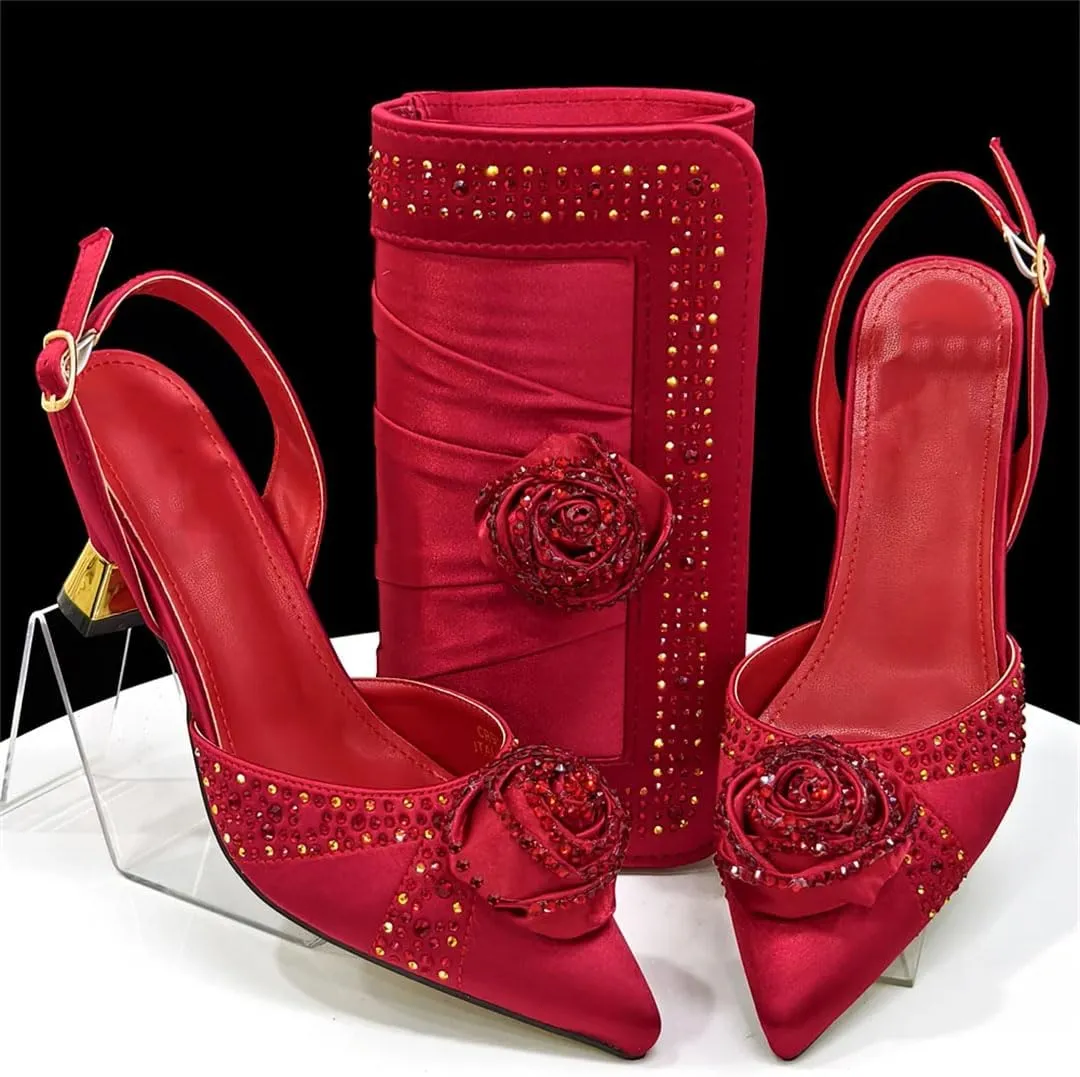 Women's Crystal Pointed-Toe High Heel Pumps with Matching Bag Slingback Buckle Strap Party Shoes