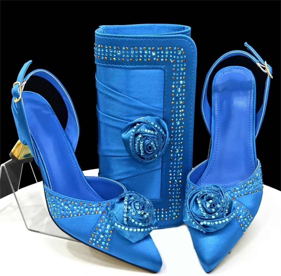 Women's Crystal Pointed-Toe High Heel Pumps with Matching Bag Slingback Buckle Strap Party Shoes