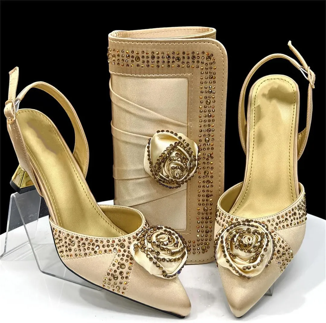 Women's Crystal Pointed-Toe High Heel Pumps with Matching Bag Slingback Buckle Strap Party Shoes