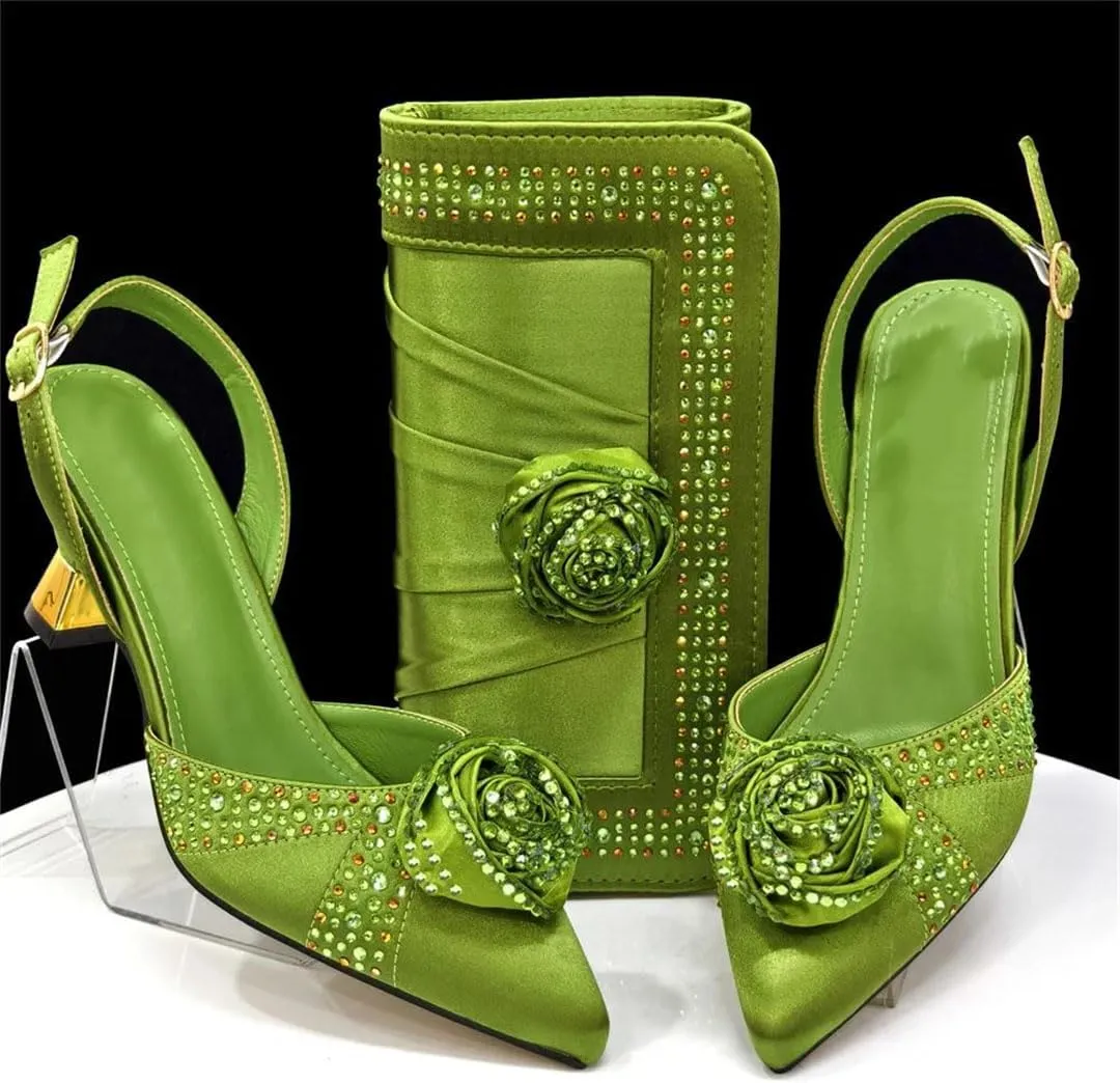 Women's Crystal Pointed-Toe High Heel Pumps with Matching Bag Slingback Buckle Strap Party Shoes