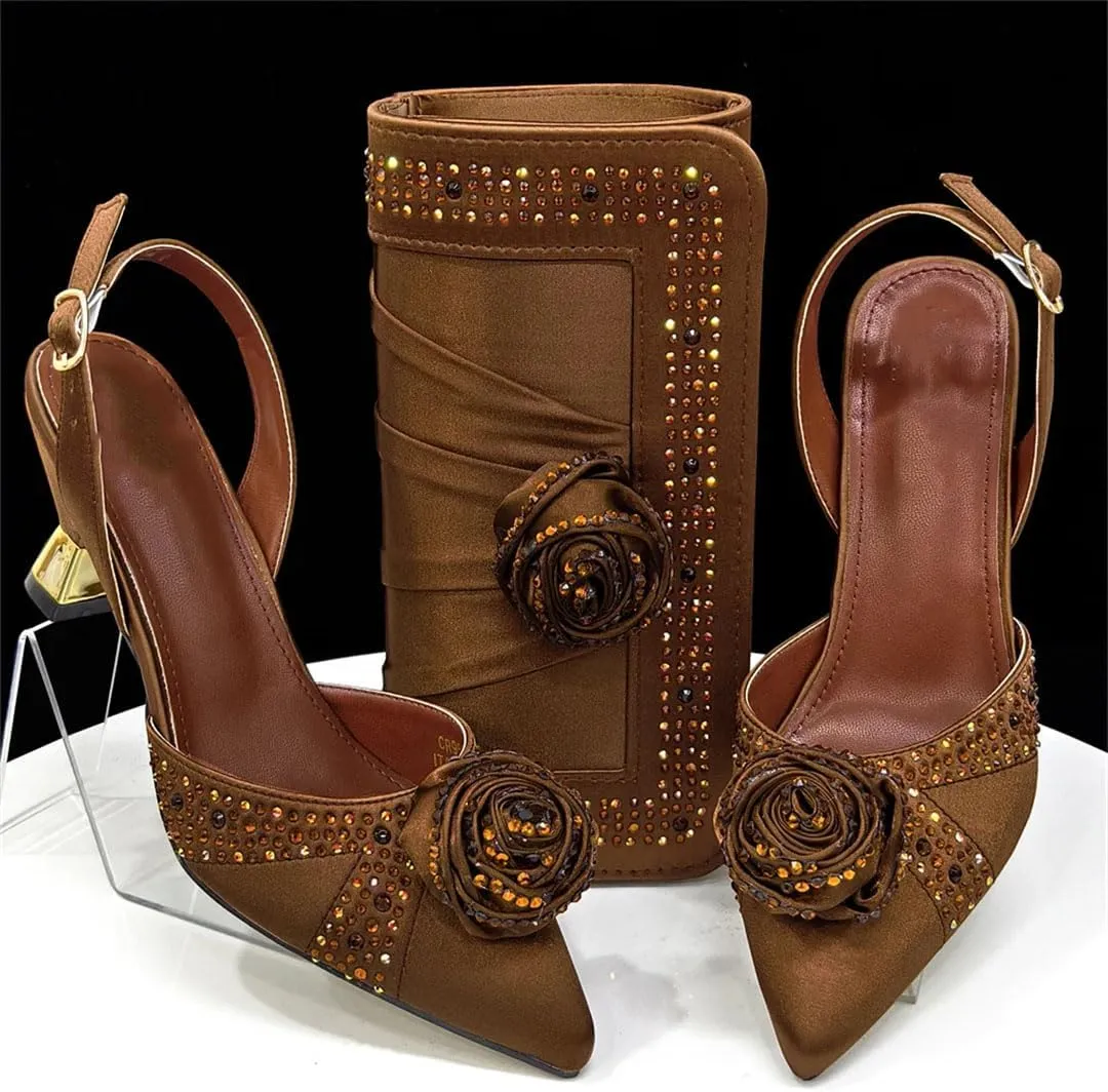 Women's Crystal Pointed-Toe High Heel Pumps with Matching Bag Slingback Buckle Strap Party Shoes