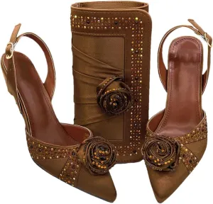 Women's Crystal Pointed-Toe High Heel Pumps with Matching Bag Slingback Buckle Strap Party Shoes