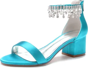 Women's Crystal Satin Wedding Shoes for Bride Low Heels Comfortable Bridal Shoes White Block Heels Chunky Formal Evening Party Prom Sandals Pumps