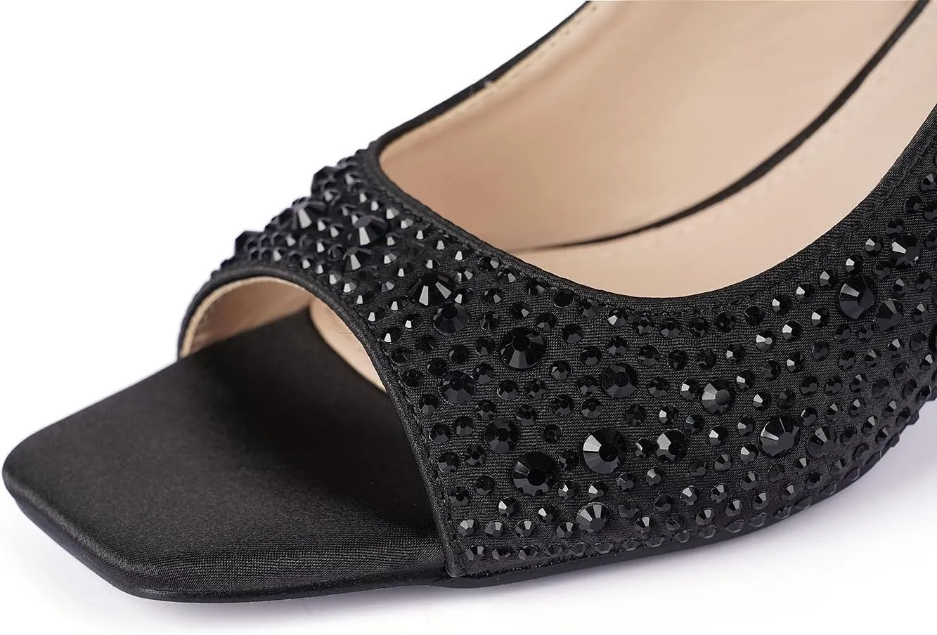 Women's Crystal Slingback Heels, Open Toe Kitten Heel Sandals